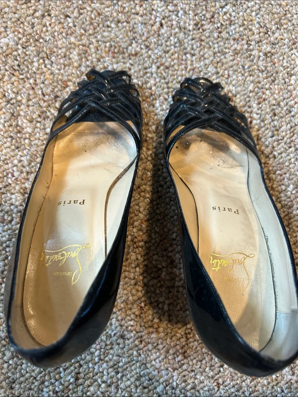 Christian Louboutin Black Patent Leather Weave Peep-Toe Flats